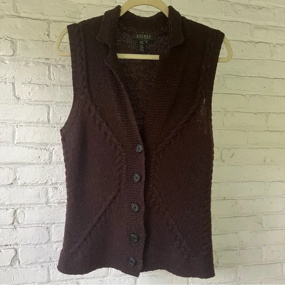 LAUREN RALPH LAUREN Wool Cashmere Blend Dark Brown Cable Knit Vest - Picture 7 of 8
